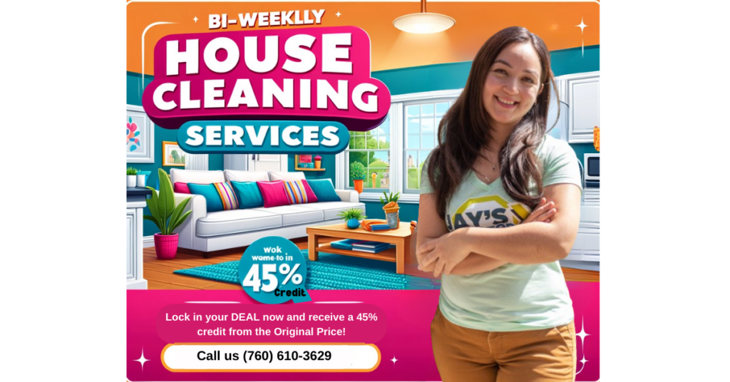 A girl is standing and smiling front of house cleaning poster