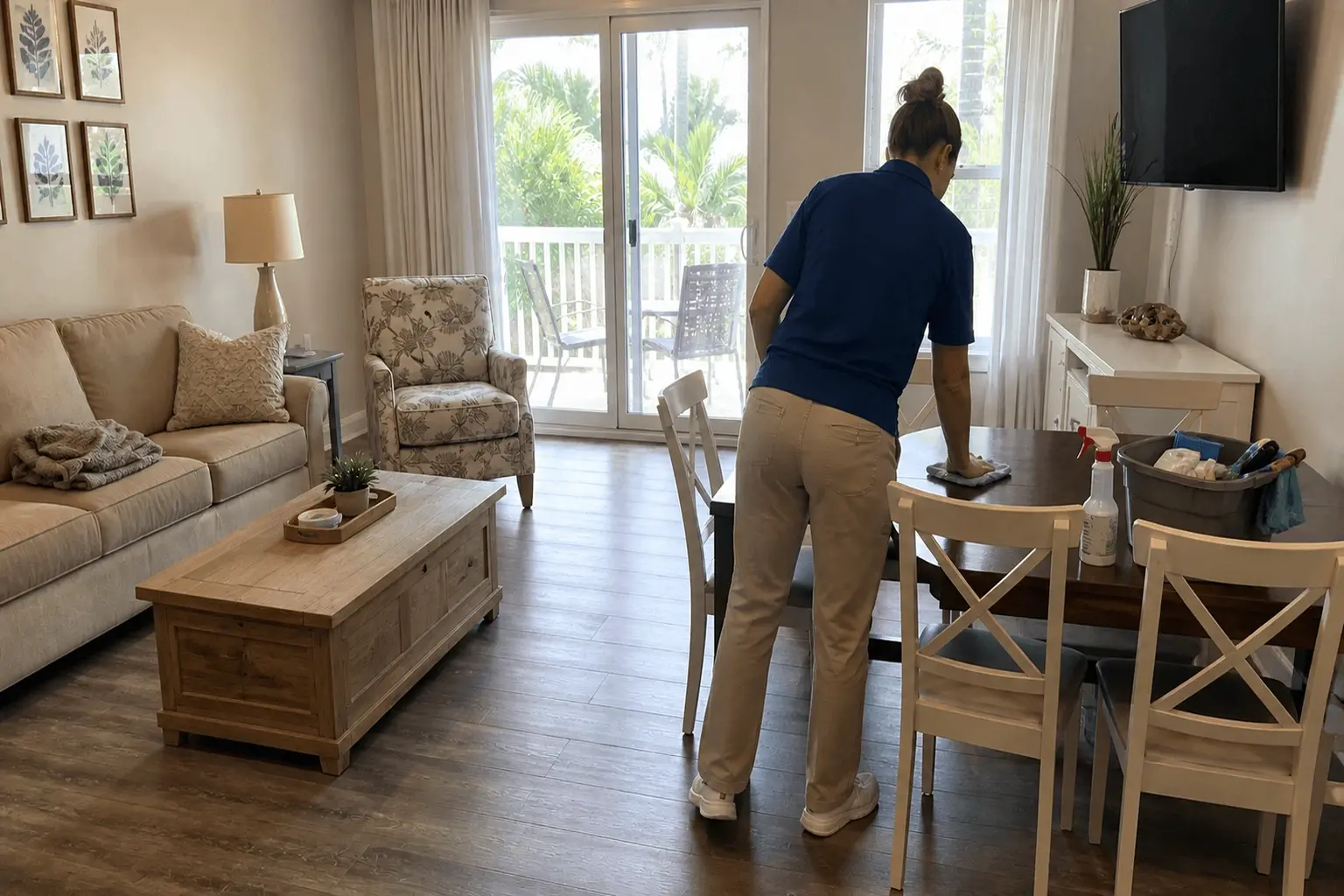 Woman cleaning a dining area for maid services in Banning CA