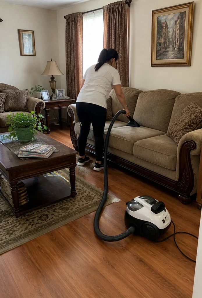 A woman cleaning a living area, vacuuming a sofa as part of a home cleaning service in Bermuda Dunes, California.