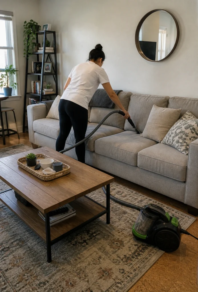 A woman vacuuming a sofa while cleaning a living area during a home cleaning service in Cabazon, California.