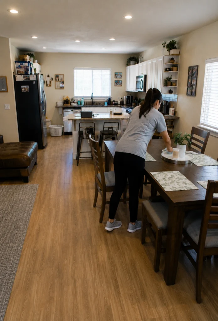 A woman cleaner wiping a table during a professional home cleaning service in Palm Springs, California.