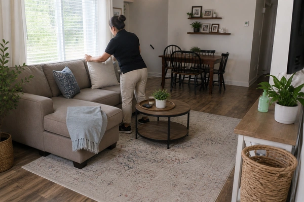 A woman cleaning a couch as part of professional maid services in Morongo Valley, California.