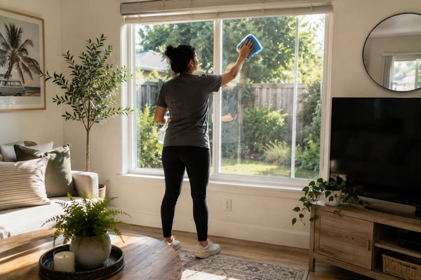 A woman cleaning windows during a professional maid service in Palm Desert, California.