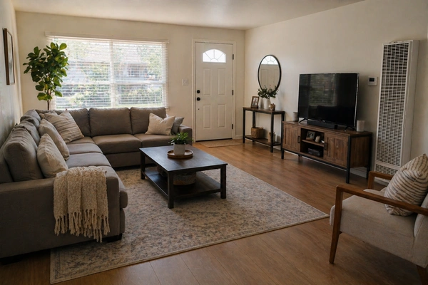 A clean and cozy living room maintained by professional cleaning services in Morongo Valley, California.