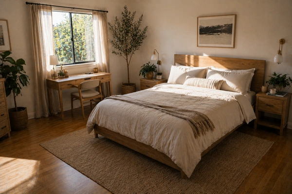 A clean bedroom with a neatly made bed maintained by one-time house cleaning services in Palm Springs, California.