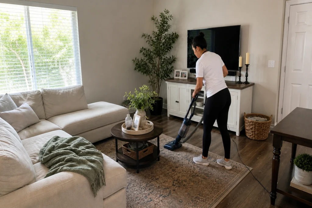 A professional cleaner vacuums a carpet in a living room during a home cleaning service in Bermuda Dunes, California.