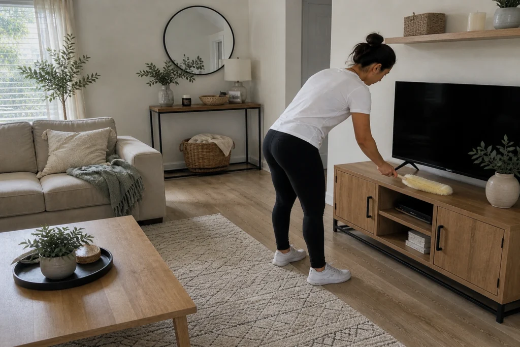 A woman cleaner dusting a living room during a home cleaning service in Cabazon, California.