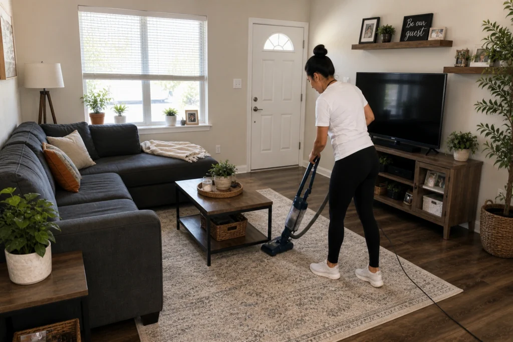 A woman vacuuming a living room area as part of professional cleaning services in Morongo Valley, California.