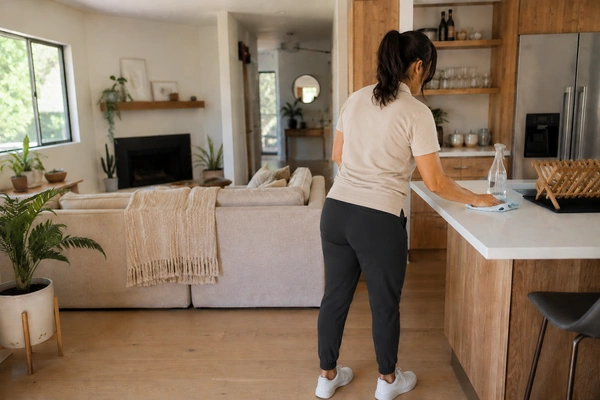 A woman cleaner cleaning a kitchen counter as part of professional cleaning services in Palm Desert, California.