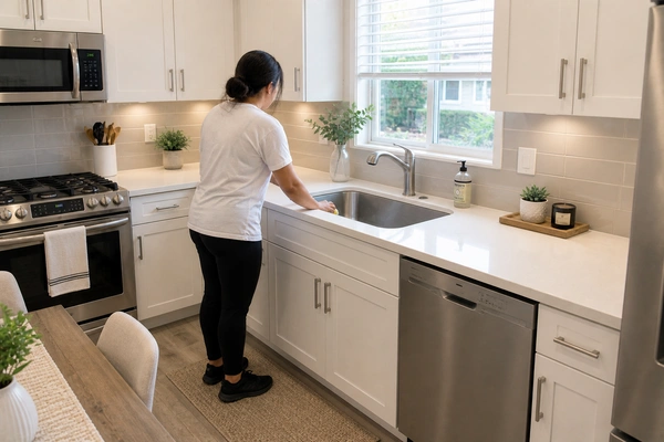 A woman cleaning a kitchen sink as part of recurring house cleaning services in Coachella, California.