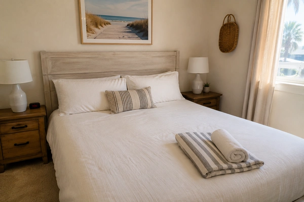 A clean bed in a freshly serviced vacation home in Palm Springs, California.